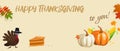 Thanksgiving day greetings vector illustration. Autumn background - vegetables, turkey, pie Royalty Free Stock Photo